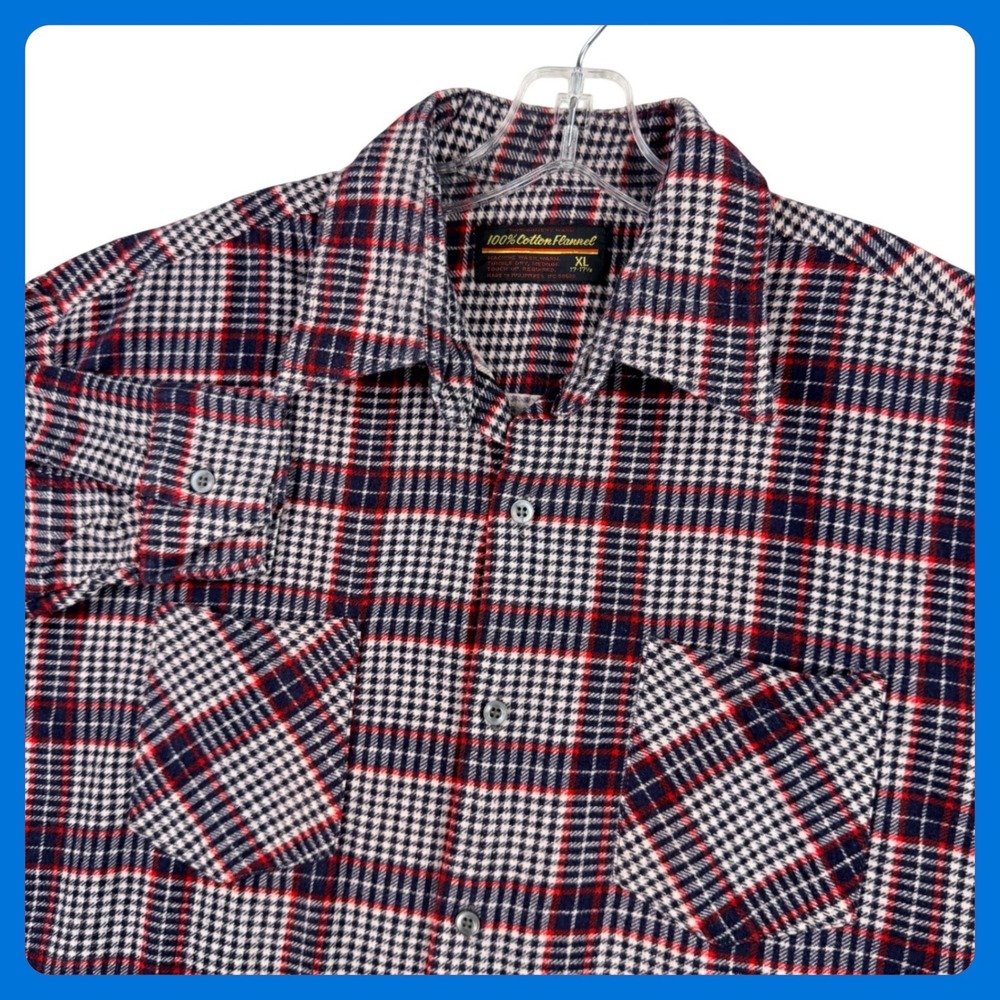 Montgomery Ward Vintage Flannel Shirt Mens XL Blue Red Plaid Cotton Workwear 80s